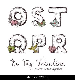 Vector retro alphabet Saint-valentin avec des symboles de vacances isolée en blanc - o, s, t, q, p, r Illustration de Vecteur