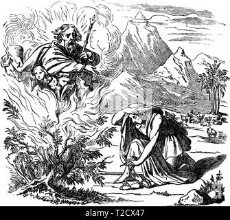 Antique Vintage illustration et dessin ou gravure d'histoire biblique de Moïse et le buisson ardent.De Biblische Geschichte des Alten und neuen Testaments, Allemagne 1859.Exode 3. L'homme à la recherche sur bush en flammes, Dieu apparaît au-dessus de lui. Illustration de Vecteur