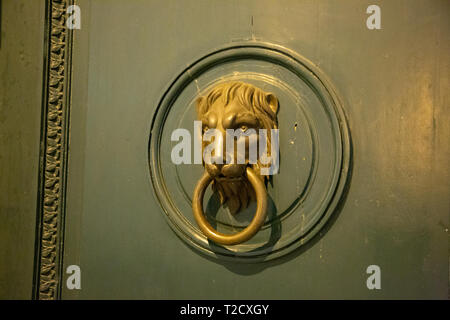 Un lion d'or" de heurtoir sur une porte verte sur Grünangergasse, vienne la nuit, Banque D'Images