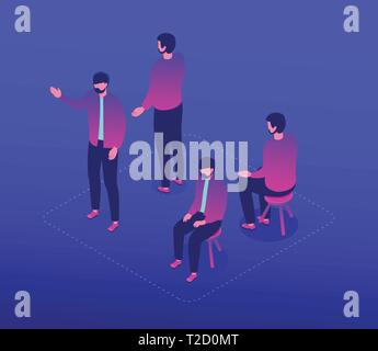 Homme barbu - vecteur moderne de caractères isométrique isolé sur fond bleu. Une collection avec un employé de porter veste dans différentes positio Illustration de Vecteur