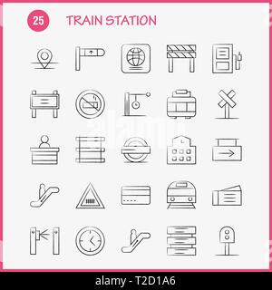 Gare à la main Icons Set pour l'infographie, Mobile UX/UI Kit et Print Design. Comprennent : Entrée, gare, gare, métro, train, chemin de fer, Illustration de Vecteur