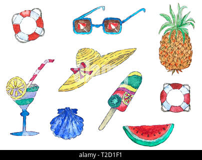 Aquarelle jeu été isolé sur fond blanc. Faites à la main. Banque D'Images