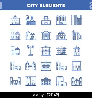 Ligne City Elements Icons Set pour l'infographie, Mobile UX/UI Kit et Print Design. Inclure : Tower, Building, ville, bureau,, bâtiments, Tour, Ville, Off Illustration de Vecteur