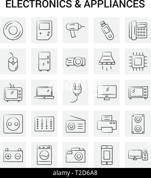 25 l'électronique à la main et les appareils icon set. Doodle Vecteur Fond gris Illustration de Vecteur