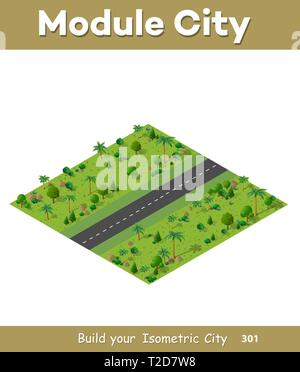 Dans les rues de la ville, parc-jardin de la ville paysage. 3D isométrique vue depuis les routes et rues. Dimensions de l'horizon. Illustration de Vecteur