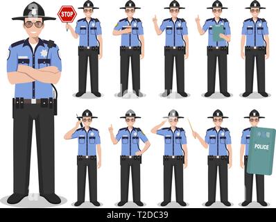 Les gens de police concept. Illustration détaillée de policier américain, sheriff debout dans des positions différentes dans le style plat isolé sur fond blanc Illustration de Vecteur