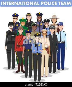 Les gens de police internationale concept. Illustration détaillée de SWAT, policier, agent de police et le shérif en télévision style sur fond blanc Illustration de Vecteur