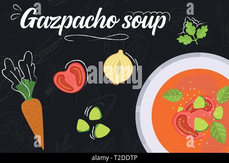 Gazpache recette de soupe. Cuisson de la soupe avec des ingrédients. Illustration de style plat. Vector illustration. Illustration de Vecteur