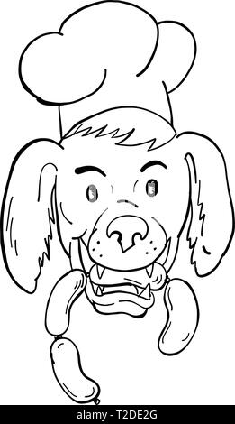 Cartoon style illustration d'un chien Setter Irlandais portant, chef Cuisinier ou boulanger hat biting une saucisse string vue de l'avant sur l'arrière-plan en isolé Illustration de Vecteur