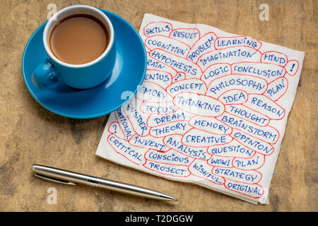 Penser et sujets connexes nuage de mots - écriture sur une serviette avec une tasse de café contre l'écorce de papier texturé Banque D'Images