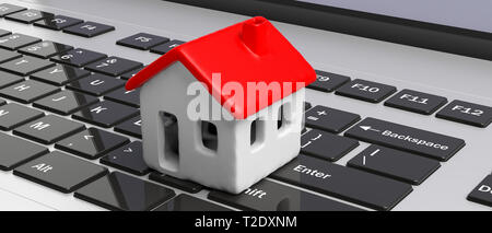 La technologie et de l'home concept. Chambre modèle avec toit de couleur rouge sur l'ordinateur portable, bannière. 3d illustration Banque D'Images