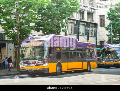 SEATTLE, Washington State, USA - Juin 2018 : Zéro émission electric trolleybus dans une rue de centre-ville de Seattle. Banque D'Images