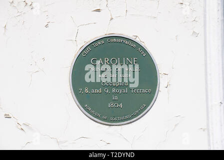 Plaque indiquant que Caroline Princesse de Galles biens occupés à Royal Terrace, Southend on Sea, Essex, UK en 1804. Zone de conservation de la ville de Falaise Banque D'Images