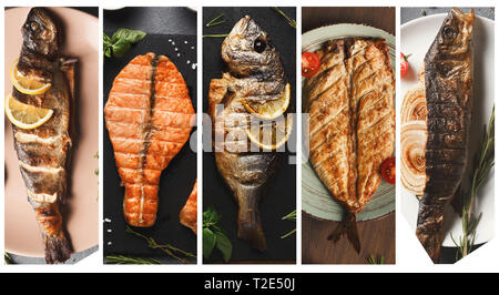 Collage des plats de poisson grillé y compris le bar, Dorado, Pavé de saumon. Menu restaurant méditerranéen Banque D'Images