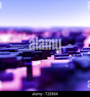 Abstract Blue et vibrant violet brillant à fond rose avec l'accent sur le centre géométrique d'une grande densité de formes rectangulaires en format carré avec cop Banque D'Images