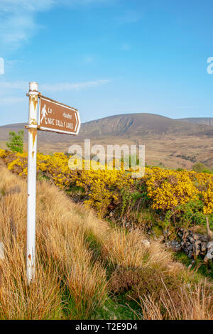 Panneau Waymarker pour la randonnée en Irlande aux montagnes du Nire Valley Lakes Comeragh, une chaîne de montagnes du comté de Waterford, Munster, Irlande. Banque D'Images