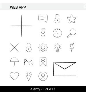 Web App Icon Set dessinés à la main, style, isolé sur fond blanc. - Vector Illustration de Vecteur