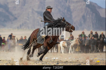 Bayan Ulgii, Mongolie, 3 octobre 2015 : nomade mongol homme sur un cheval Banque D'Images