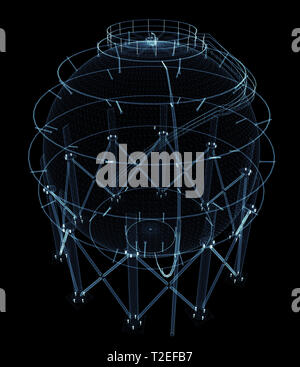 Réservoir de gaz sphérique composé de lignes et points lumineux. 3d illustration sur fond noir Banque D'Images