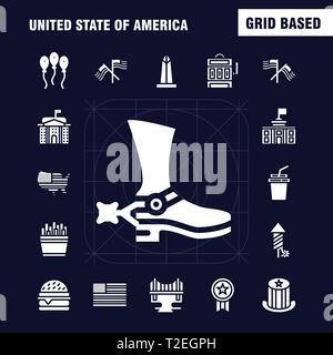 Usa glyphe solide Icon Pack pour les concepteurs et développeurs. Icônes de célébration, d'artifice, fête, Jour, hat, Présidents, USA, Ball, Vector Illustration de Vecteur