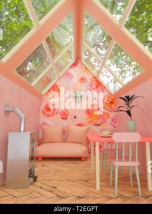 Rendu 3D pastel d'un intérieur de cabine confortable dans les bois avec un toit en verre, un canapé , une cheminée, table et chaises Banque D'Images