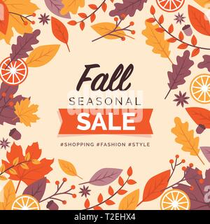 Vente saisonnière de l'automne et les médias sociaux carte promotionnelle poster design avec cadre décoratif Illustration de Vecteur