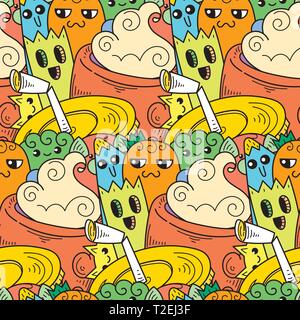 Doodle cartoon dessiné à la main avec le sourire et le goût, d'un café sans thème. Kawaii, détaillé avec beaucoup d'objets vector background Illustration de Vecteur