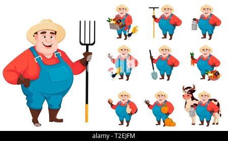Gros agriculteur, agronome, série de 10 poses. Drôle homme jardinier personnage. Vector illustration Illustration de Vecteur