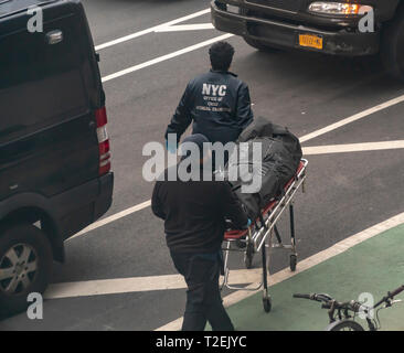 Les travailleurs de la NYC Bureau du médecin légiste en chef enlever une personne décédée d'un immeuble à New York le Mercredi, Mars 20, 2019. (Â© Richard B. Levine) Banque D'Images