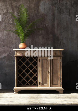 Intérieur de style vintage avec armoire en bois et fleur tropicale, 3D render Banque D'Images