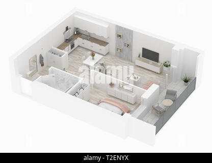 Accueil plan Vue de dessus. Intérieur appartement isolé sur fond blanc. Rendu 3D - Illustration Banque D'Images