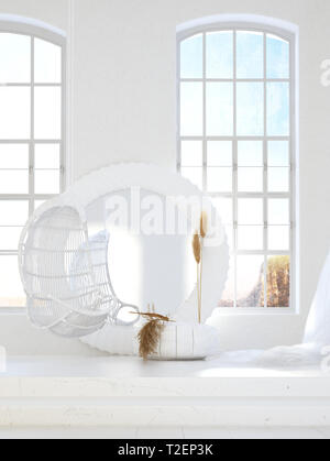 Chambre ouverte avec salon, Scandinave style bohème, 3D render Banque D'Images