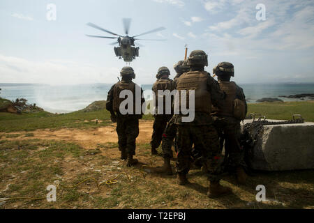 Les équipes de soutien de l'hélicoptère effectuer les opérations de relevage externes, 21 février 2019 à Kin, zone d'entraînement Bleu Okinawa, Japon. La TVH de la paix ont eu lieu dans la nuit pour former CH-53E Super Stallion pilotes en vol de nuit. (U.S. Marine Corps photo par Lance Cpl. Leo Amaro) Banque D'Images