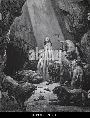 La Bible. Les Prophètes. Livre de Daniel. Daniel dans la fosse aux lions. Gravure de Gustave Dore, 1866. Banque D'Images