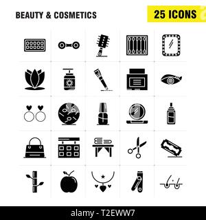 Beauté et cosmétiques glyphe solide Icons Set pour l'infographie, Mobile UX/UI Kit et Print Design. Inclure : beauté, bourgeons, coton, maquillage, cosmétique, Femme Illustration de Vecteur