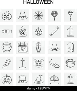 25 Halloween icon set dessiné à la main. Doodle Vecteur Fond gris Illustration de Vecteur