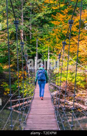 Jeune femme marche sur un pont suspendu à travers une rivière, Grove des Patriarches, Sentier Mount Rainier National Park, Washington, USA Banque D'Images