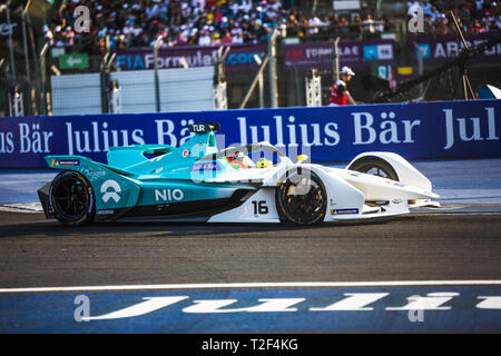 La ville de Mexico, Mexique - 16 Février 2019 : Autodromo Hermanos Rodriguez. Mexico E-prix. Le pilote de l'équipe Formule E NIO Oliver Turvey au no 16, la course à la Mexico City E-prix. Banque D'Images