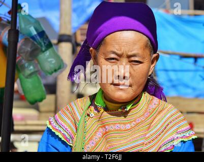 Vietnamiens âgés des H'Mong femme porte une fleur colorés traditionnels hill H'Mong-tribu tenue. Banque D'Images