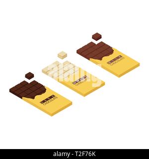 Morceaux de chocolat et isométriques isolated on white bacground. Blanc, chocolat foncé et mil Illustration de Vecteur