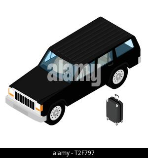 Voiture jeep noir isométrique et de voyage assurance isolated on white Illustration de Vecteur