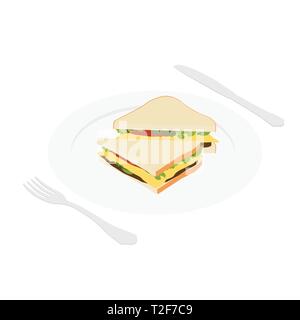 Sandwich avec jambon, fromage, tomates, laitue, et pain grillé sur plaque avec fourchette et couteau vue isométrique Illustration de Vecteur