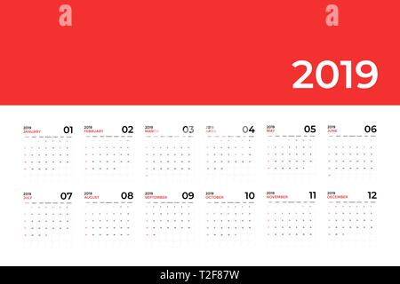 Calendrier 2019 modèle. La semaine de la planification du calendrier. Illustration de Vecteur