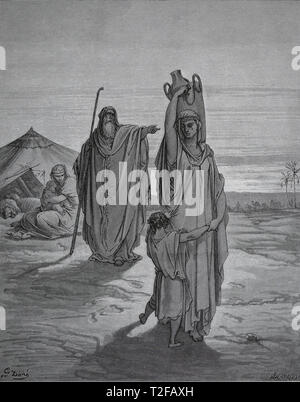 La Bible. Livre de la Genèse. Abraham envoyer Agar et Ismaël. Gravure par Dore. 1866. Banque D'Images