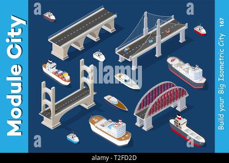 Modèles isométriques de navires, yachts, bateaux, et l'industrie des véhicules de fret maritime avec des ponts Illustration de Vecteur