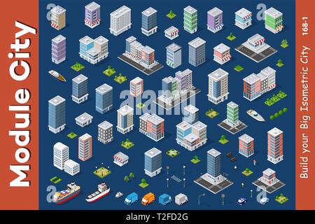 L'architecture urbaine isométrique Vector Construction de ville moderne avec des gratte-ciel, de la rue, et la ville, chambre. Illustration pour l'entreprise et de la construction du site s Illustration de Vecteur