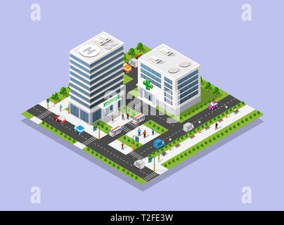 Construction 3D isométrique de l'hôpital urbain architecture Infrastructure de santé et ambulance maison moderne icône concept Illustration de Vecteur