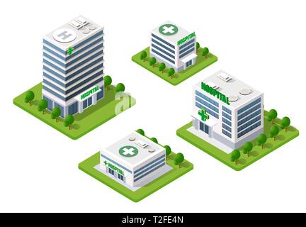 Construction 3D isométrique de l'hôpital urbain architecture Infrastructure de santé et ambulance maison moderne icône concept Illustration de Vecteur