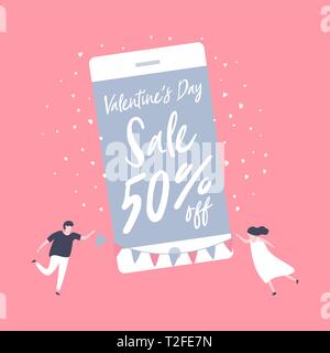 Vente promotion Saint-valentin sur téléphone mobile pour la vente de bannières avec jolie couple joyeuse célébration en fond rose. Illustration de Vecteur