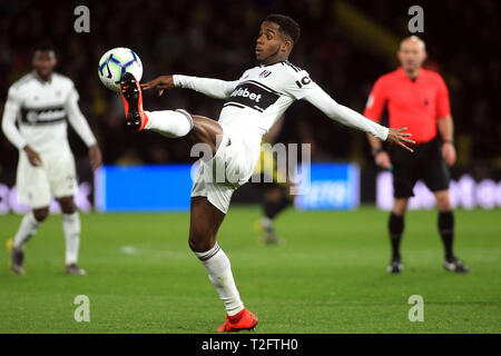 Watford, Royaume-Uni. Apr 02, 2019. Ryan Sessegnon de Fulham en action. Premier match d'EPL, Watford v Fulham à Vicarage Road à Londres le mardi 2 avril 2019. Cette image ne peut être utilisé qu'à des fins rédactionnelles. Usage éditorial uniquement, licence requise pour un usage commercial. Aucune utilisation de pari, de jeux ou d'un seul club/ligue/dvd publications pic par Steffan Bowen/Andrew Orchard la photographie de sport/Alamy live news Crédit : Andrew Orchard la photographie de sport/Alamy Live News Banque D'Images